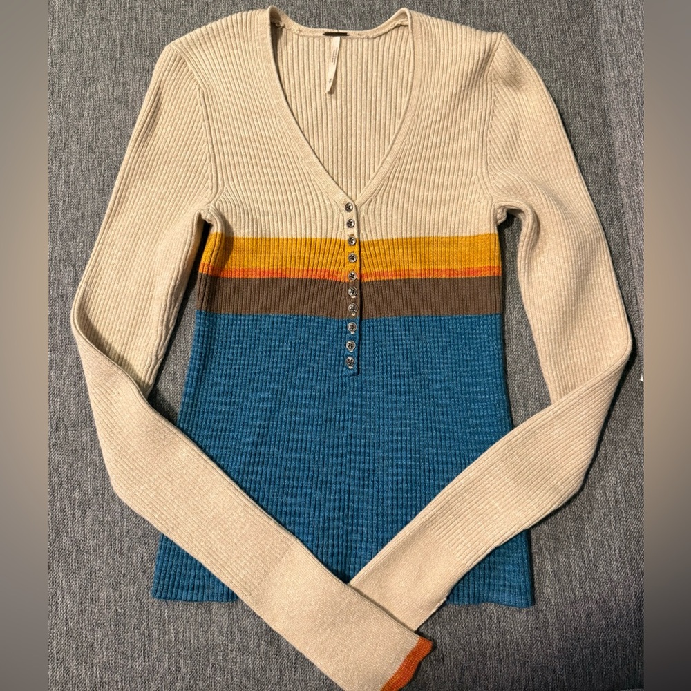 Free People Striped Henley Knit Sweater M